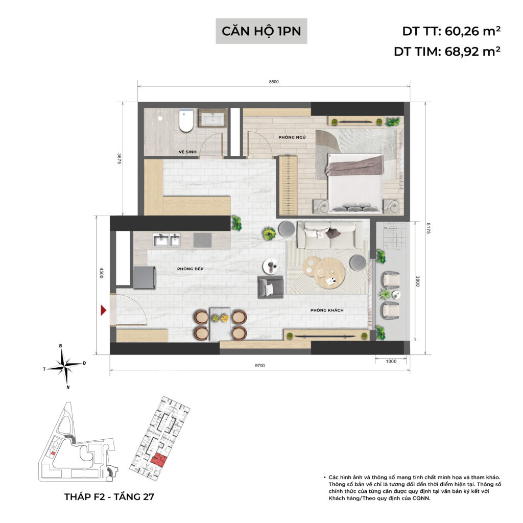 Thiết kế căn hộ 1 ngủ - Sun Feliza Suites