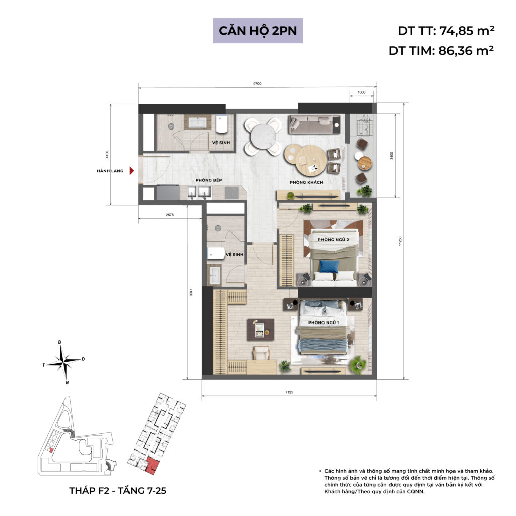 Thiết kế căn hộ 2 ngủ - Sun Feliza Suites