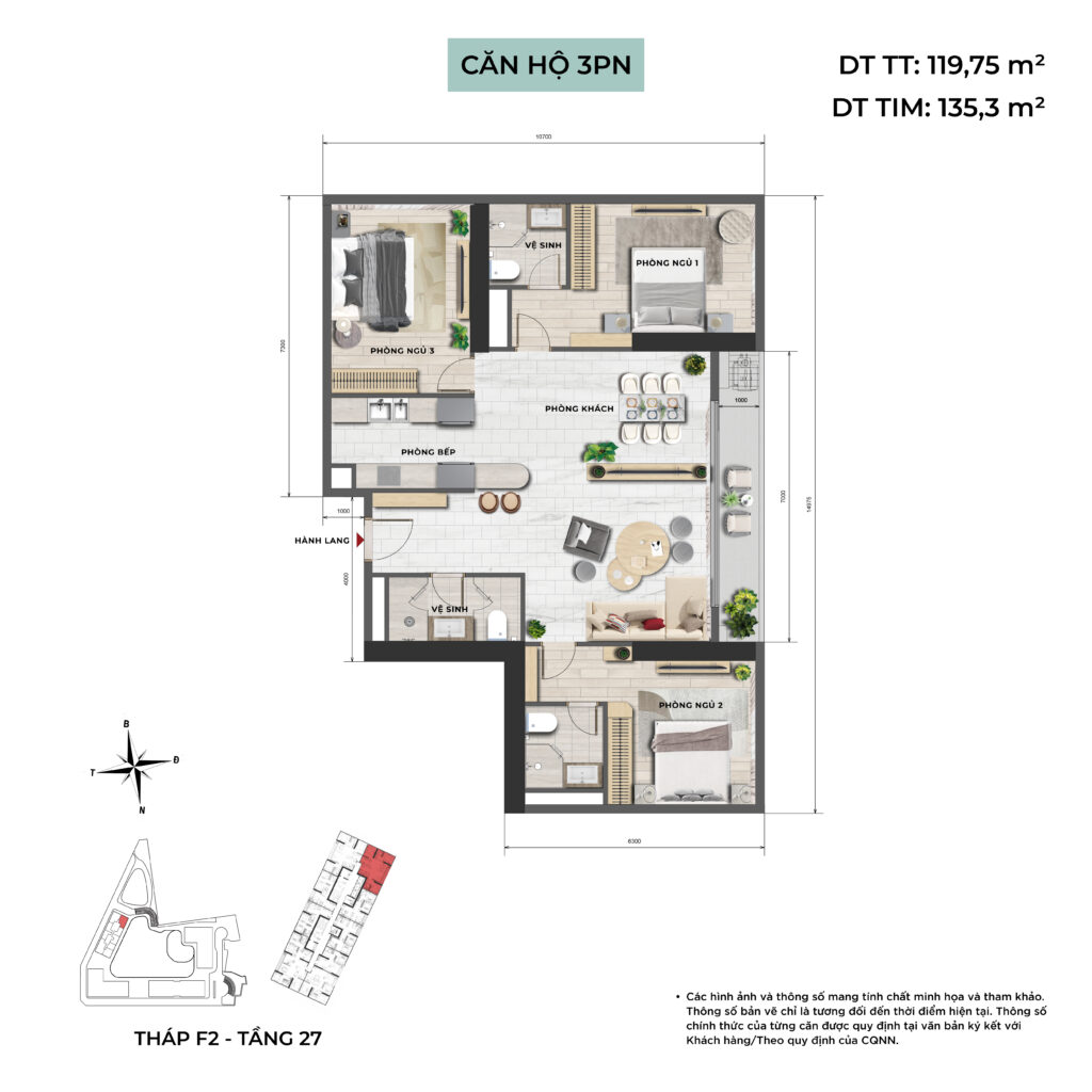 Thiết kế căn hộ 3 ngủ - Sun Feliza Suites