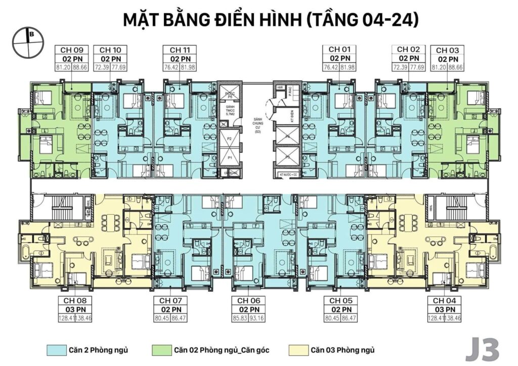 Mặt bằng tòa J3 Jade Square Cổ Nhuế tầng 04-24