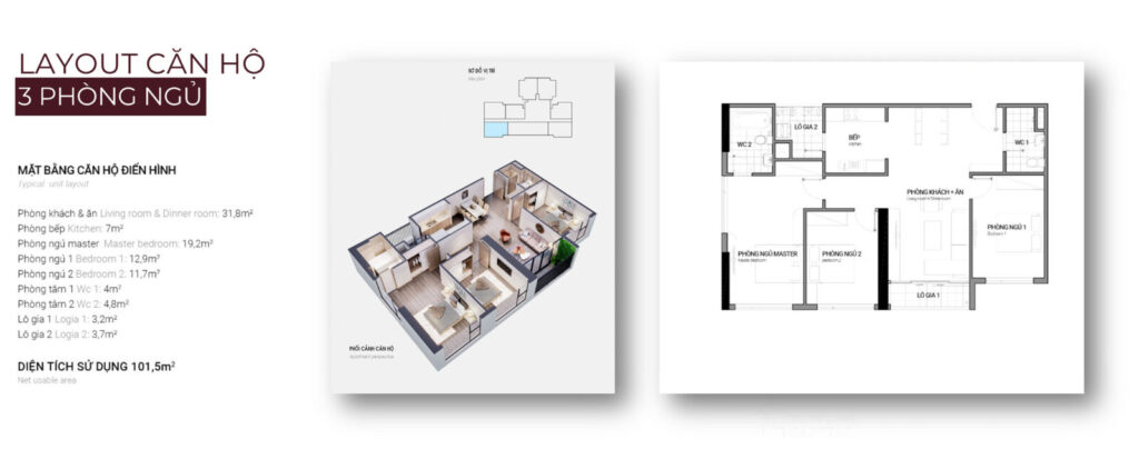 Căn hộ 2 phòng ngủ 101.5m2