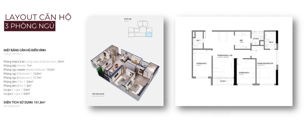Căn hộ 2 phòng ngủ 101.8m2
