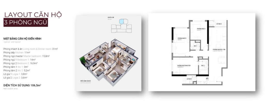 Căn hộ 2 phòng ngủ 106.5m2