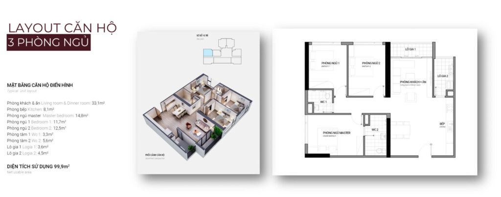 Căn hộ 2 phòng ngủ 99.9m2