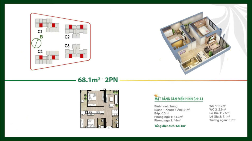 Thiết kế căn hộ 2 phòng ngủ 68.1 M2 chung cư An Bình Homeland Dương Nội