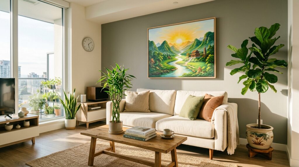 Cây xanh phong thủy phòng khách chung cư Lọc khí và chiêu tài