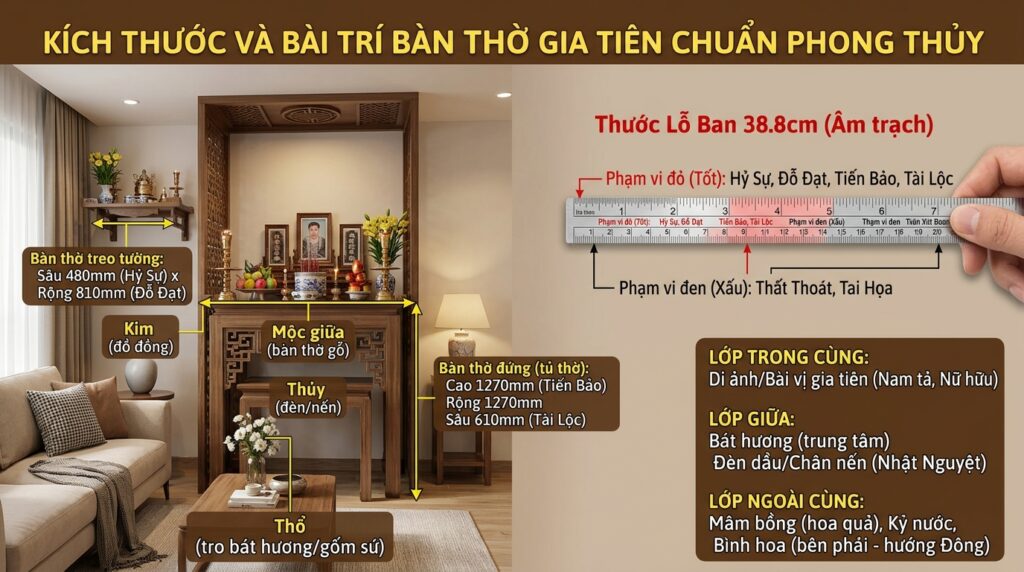 Kích thước và cách bài trí bàn thờ gia tiên chuẩn phong thủy Kích thước và cách bài trí bàn thờ gia tiên chuẩn phong thủy