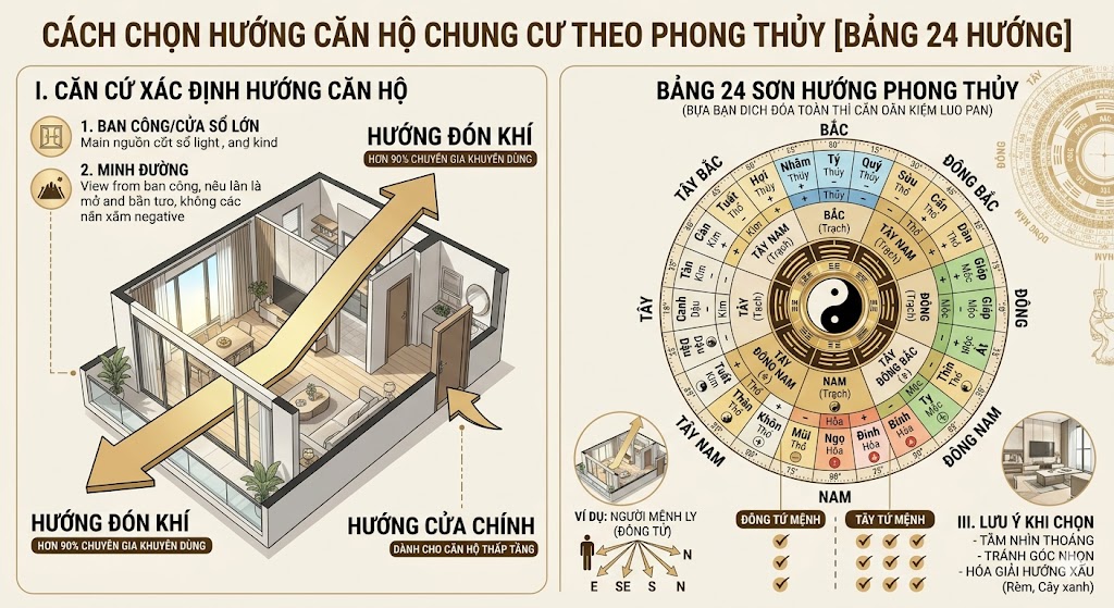 chọn hướng căn hộ chung cư theo phong thủy [Bảng 24 hướng]